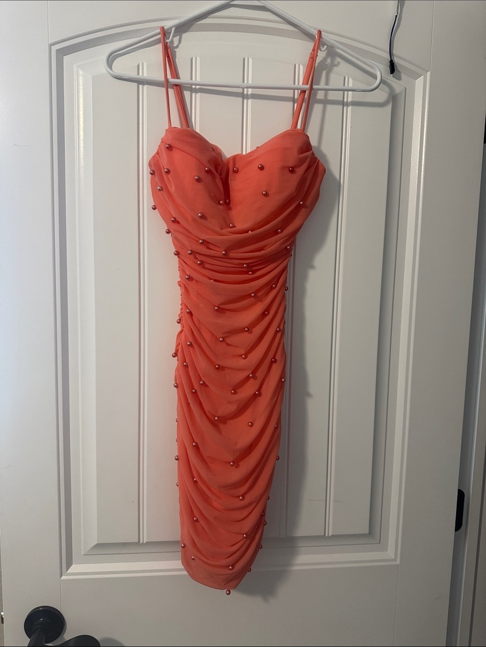 Windsor Coral Ruched Midi Dress with Pearl Accents